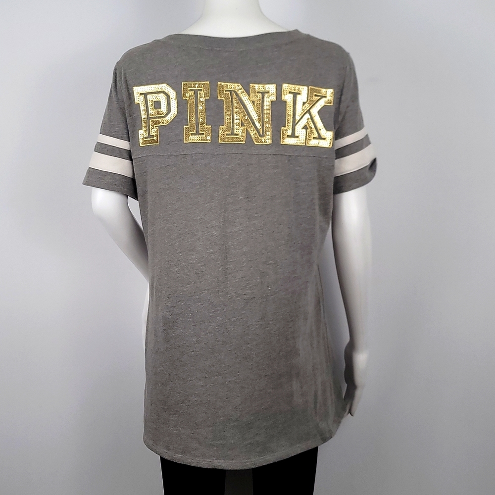 Pink Victoria Secret Logo Gold Sequin V neck T-SHIRT